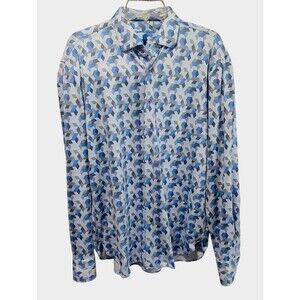 Luchiano Visconti Black Shirt Men's L Blue Geometric Long Sleeve Silky Stretch